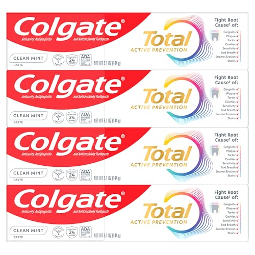 Colgate Total Clean Mint Toothpaste, 10 Benefits, No Trade-Offs, Freshens Breath, Whitens Teeth and Provides Sensitivity Relief, Clean Mint Flavor, 4 Pack, 5.1 Oz Tubes