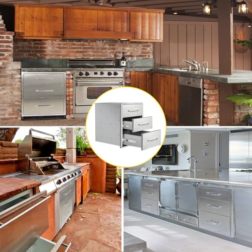 Image of Outdoor Kitchen Drawers 16 inch W x 21 inch H x 23 inch D Flush Mount Triple BBQ Drawers with Chrome Handle Stainless Steel Drawer for Outdoor Kitchen Island, Patio Grill Station