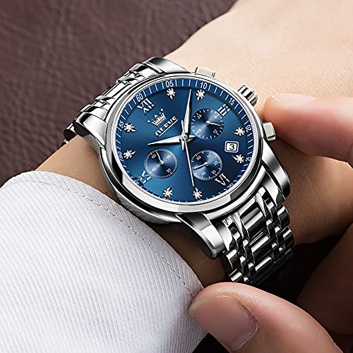 Olevs Blue Face Watches For Men Silver Stainless Steel Watch Mens Luxury Watch Business Casual Chronograph Multifunction Mens Watches Sport Waterproof Quartz Big Face Male Watches With Date Fashion Analog Diamond Wrist Watch For Men Reloj De Hombre #TOP1