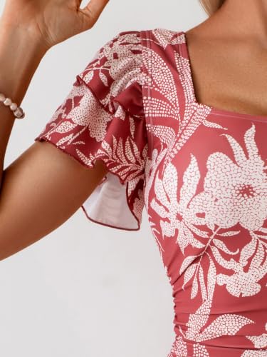 Image of Eomenie Women's Tummy Control One Piece Swimsuit Ruffle Square Neck Bathing Suit Ruched Cutout Back Slimming Swimwear