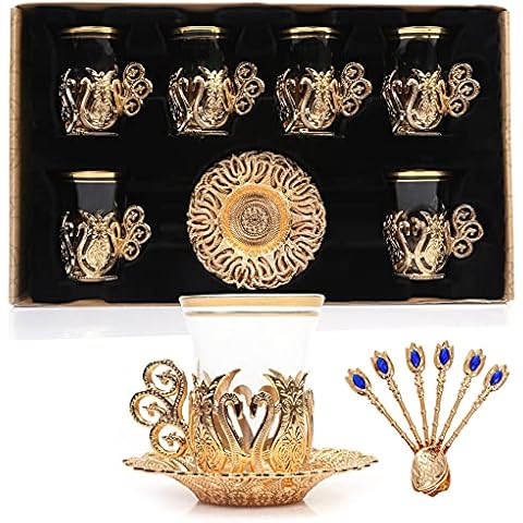 Alisveristime (SET OF 6) Handmade Turkish Tea Water Zamzam Serving Set Glasses Saucer and Spoon (Ottoman) (Gold) Cover