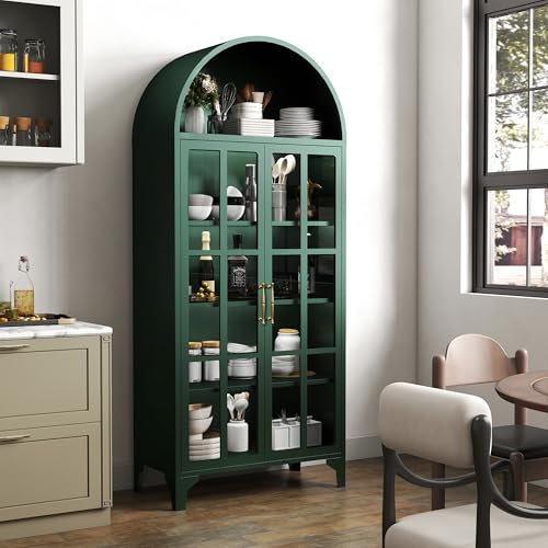 WOOW DEPOT 74\" Green Arched Cabinet, 5-Tier China Curio Display Cabinet with Glass Door, Tall Arched Bookcase Bookshelf w/Adjustable Shelf, Metal Storage Cabinet for Pantry Kitchen Home Office-Style 1 - Thumbnail 7
