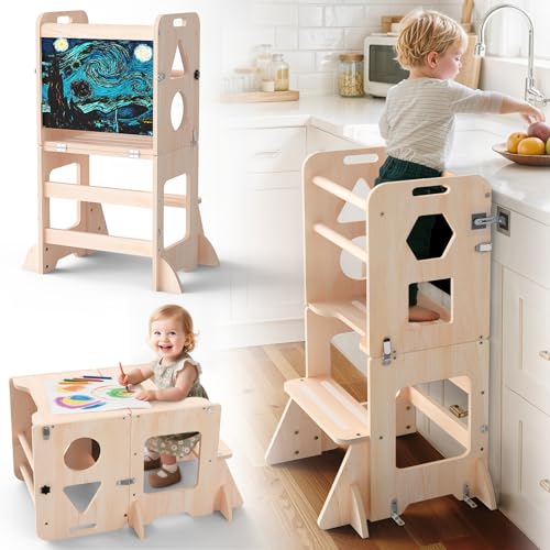 Image of Toddler Standing Tower with Anti-Fall Buckle, 4-in-1 Anti-Slip Toddler Kitchen Step Stool with Blackboard, Foldable Wooden Kitchen Stool Helper for Kids, 1-3 Year Old Boy Girl Gifts.Nature