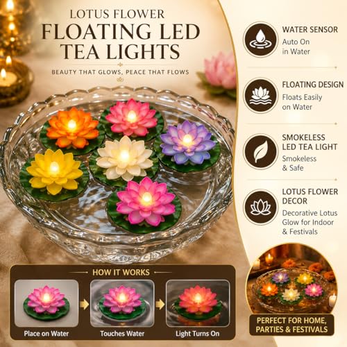 Image of One94Store Sensor Water Floating Smokeless Candles & Lotus Flowers Sensor Led Tea Light Unbreakable for Outdoor and Indoor Festival Decoration (Multicolor, Pack of 6,Plastic)