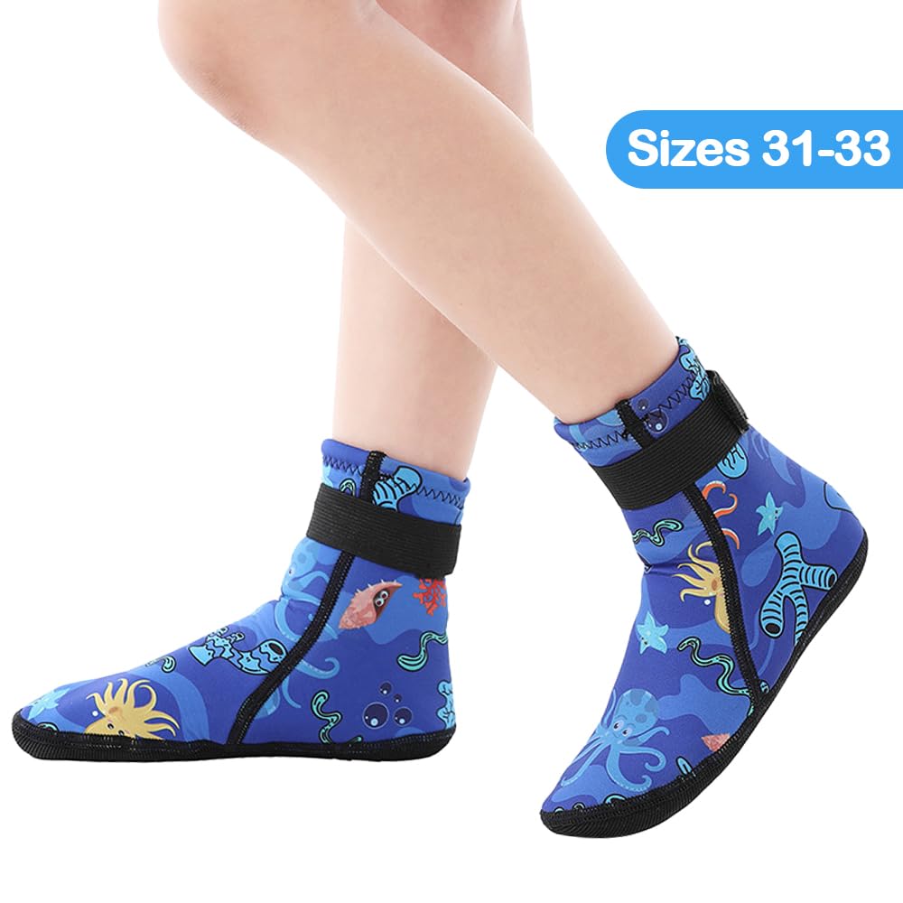 Calzari in Neoprene Bambini, Calze Antiscivolo da Spiaggia 3mm per Immersioni, Sport Acquatici, Snorkeling, Nuoto, Surf, 31-33 Blu