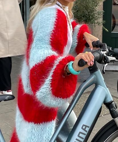Image of Womens Color Block Striped Cardigan Sweaters Loose Knitted Long Open Front Cardigans(-Red-S)