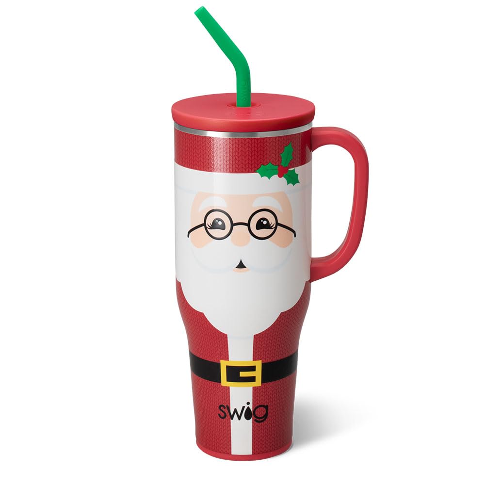 Swig Life 40oz Mega Mug, 40oz Tumbler with Handle and Straw, Extra Large Insulated Tumblers, Cup Holder Friendly Travel Mug (Mr Claus)