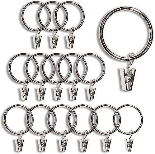 TRMESIA 15pcs Curtain Rings with Clips Metal,Silver Curtain Rings Size is 1.5" Inner Diameter,Suitable for 1" to 1.25" Curtain Rod, Metal Rings Window Hardware Hooks Loop for Drapes,Nickel Plating