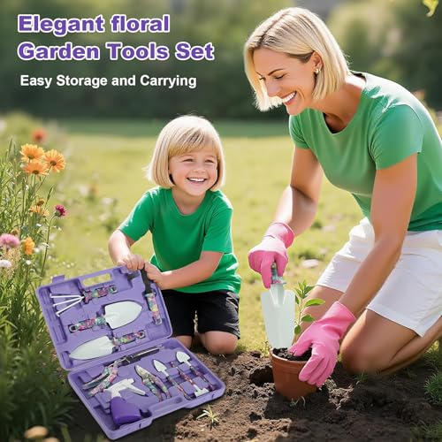 Set de herramientas de jardinería para mamá con estampado flor morada miniatura 7