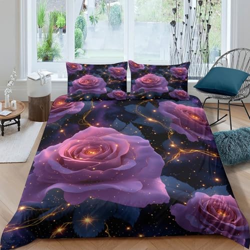 Parure de lit microfibre 140x200cm imprimé roses violettes 3D - 4