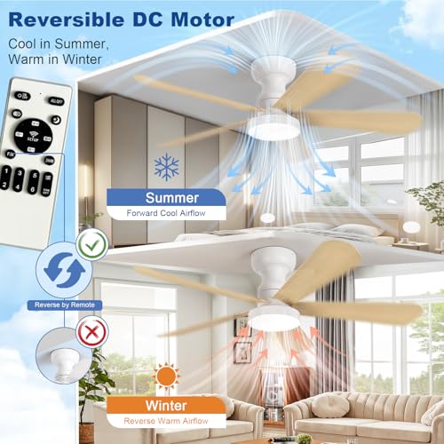 Image of Depuley Small Ceiling Fan with Lights: 42-Inch Flush Mount Fan with Light and Remote - Low Profile Ceiling Fans Reversible Quiet DC Motor for Bedroom Living Room Indoor Outdoor, Wood Color
