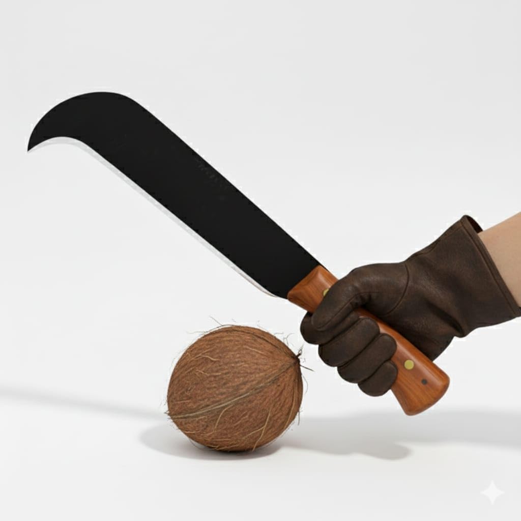 Coconut Billhook with Wood Handle, Traditional Curved Blade Knife for Coconut Cutting