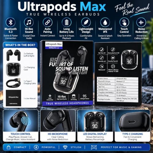 Generic Ultrapods Max T6 TWS Bluetooth Earbuds with Charging Case - Image 5