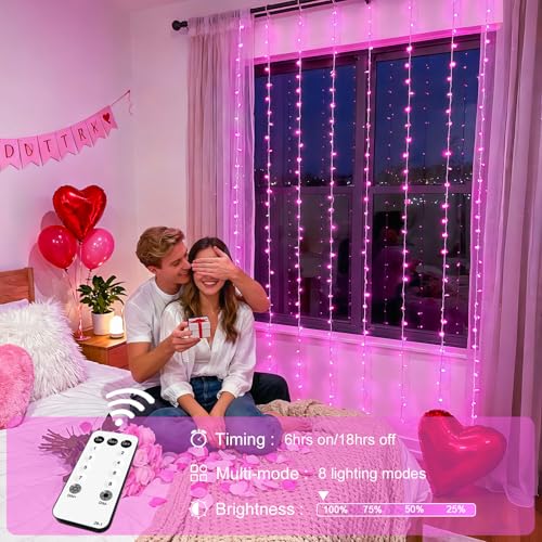 Image of JMEXSUSS 300 LED Curtain Lights, Pink String Lights for Bedroom, 9.8x9.8 ft | Plug in Hanging Lights with Remote, For Dorm, Window, Wall, Birthday Party, Girls' Room, Valentine's Day Indoor Outdoor Decor