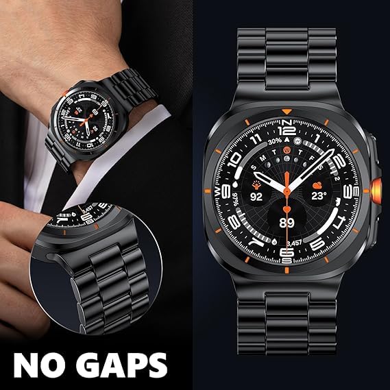 Image of Croiky Metal Stainless Steel [No Gap] Strap Compatible with Samsung Galaxy Watch 7 /8 Ultra /Ultra 2 47mm Strap (2024 /2025) for Men & Women - Black [Watch NOT Included]
