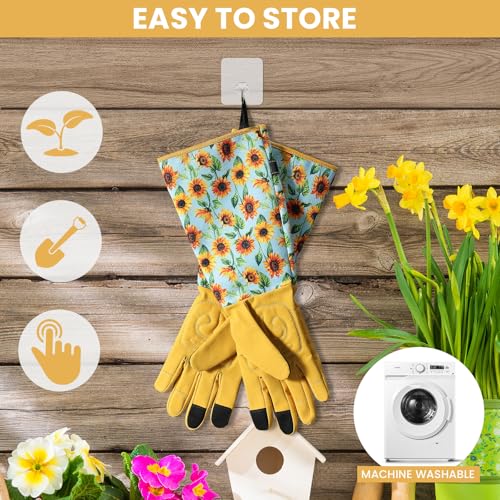 Gardening Gloves for Women - Breathable Long Garden Gloves with Grip, Thorn-Proof Puncture-Resistant Leather Work Gloves for Yard and Outdoor Work, Protective Garden Gloves for Women, Sunflower