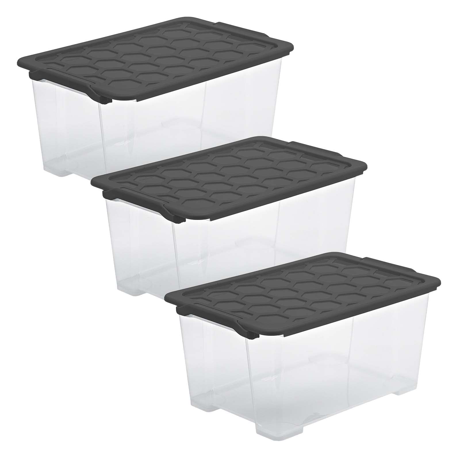 Rotho Aufbewahrungsbox mit Deckel Evo Safe 3 x 44 L Transparent Anthrazit | Aufbewahrungsboxen für Ordnung, Plastikbox mit Deckel aus lebensmittelechtem PP, transparent mit anthrazitfarbenem Deckel