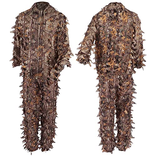 SPYMINNPOO Terno de folha 3D, conjunto de jaquetas e calças marrom selvagem camuflagem Ghillie conju
