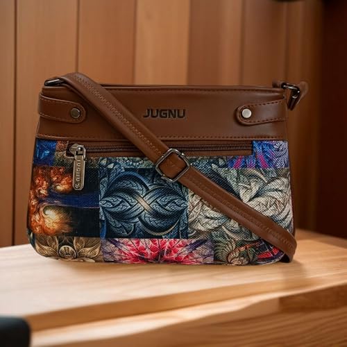 Image of JUGNU Sling Bag for Women, Jute Fabric, Crossbody Style, Slim Design, Multicolour, Medium Size, Lightweight, Adjustable Strap, Zipper Closure, 5 Pockets