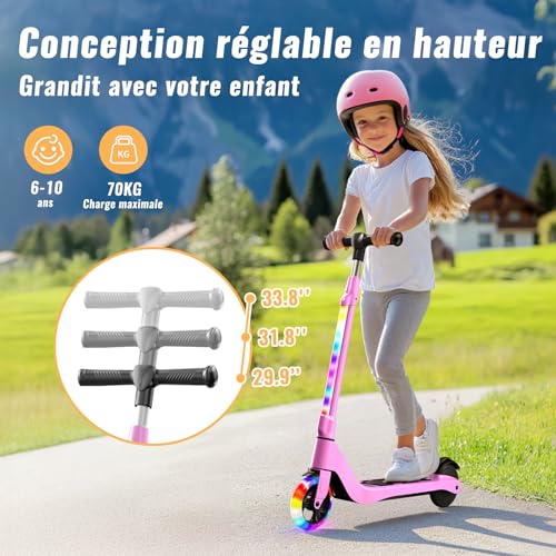 TST - Patinete eléctrico para niños de 6 a 8 a 10 años con luz LED Colorida y 3 Alturas Ajustables, 5,3 Pulgadas, Scooter eléctrico para niños, Carga máxima 70 kg, Velocidad máxima 10 km/h, autonomía - imagen 4