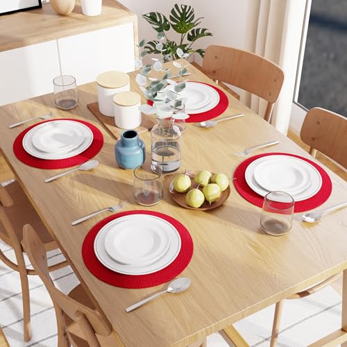 Image of Dining Table Mats Set of 4 | Cotton Table Mat 32 cm Diameter, Encasa XO Washable Round Table Mats, Heat Resistance Dining Table Placemats, Handmade Ribbed Style for Centre Table, Red