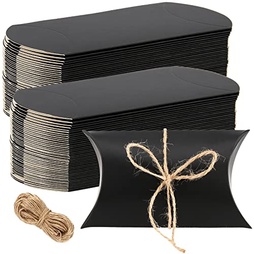 SEUNMUK 150 Pack Large Pillow Boxes, 13 x 9 cm Kraft Pillow Boxes with Jute Twines, Black Pillow Candy Box Party Wedding Favor for Anniversary, Birthday, Halloween