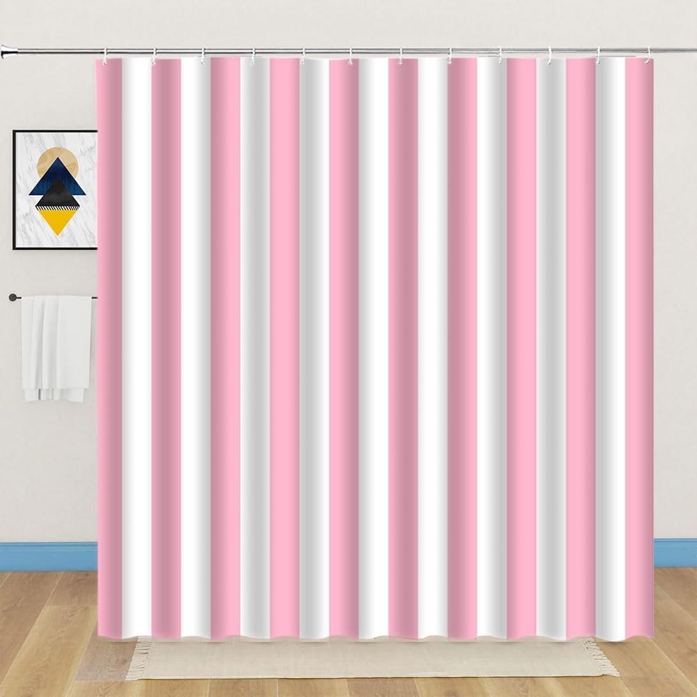 Pink White Striped Shower Curtain Vertical Stripe Geometric Modern Farmhouse Chic Style Bathroom Decor Fabric Curtains with Hook 70Wx90H Inches