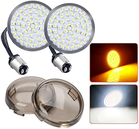 Vouke Generation II 1157 Front Turn Signals with 54-SMD Amber White Color Chips for Harley Davidson 2 in. Bullet Style Front Turn Signal, 2 1157 Lights + 2 Smoked Lens, Amber/White Color