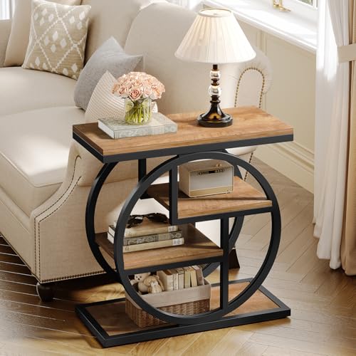Image of Tribesigns End Table Set of 2, 4-Tier Narrow Side Table with Storage Shelves, Wood Small Sofa Side Table with Geometric Metal Frame, Industrial Bedside Table for Bedroom, Living Room, Natural Brown