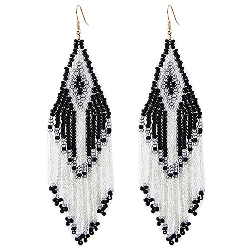 Bohemian Long Rice Beaded Tassel Earrings,Boho Native Handmade Woven Seed Bead Drop Dangle Earrings Statement Jewelry for Women Summer Holiday