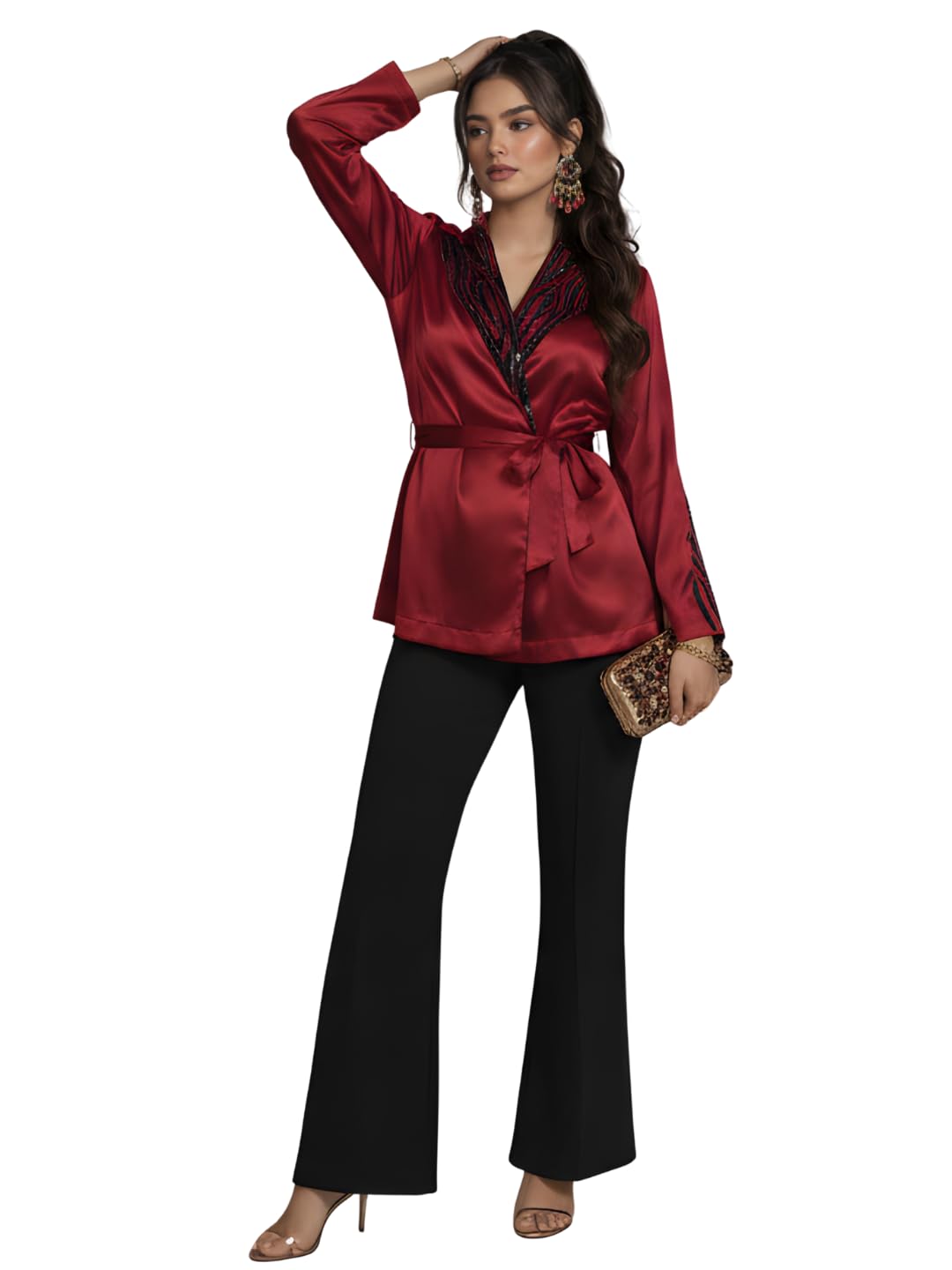 Women's Black Sequin Embroidered Lapel Collared Jacket Co-ord Set with Cami & Palazzo | Belted Full Sleeve 3-Piece Set | Glamorous Co-ord for Party, Evening-picture-25