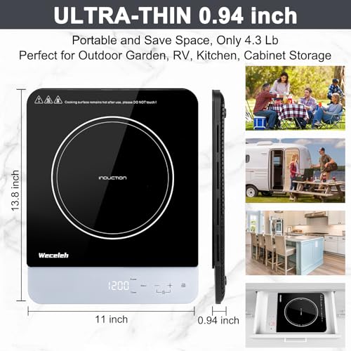Image of Portable Induction Cooktop, 1200W Slim Burner with 11 Power Levels, 3H Timer, Touch Control, Child Lock for RV, Dorm, Apartment, Small Kitchen, 0.94 Inch