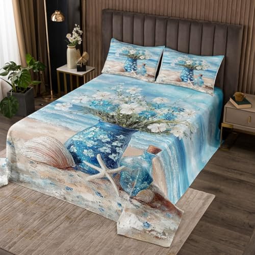 jejeloiu Blue Beach Bedspread King Size Kids Daisy Flroal Coverlet Set for Boys Girls Teens Starfish Coastal Ocean Quilted Coverlet Breathable Ocean Marine Quilted Room Decor