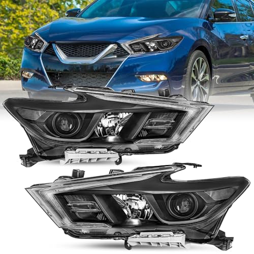 SOCKIR Halogen Headlight Assembly Fit for 2016 2017 2018 Nissan Maxima S SL SV Projector Headlamp Passenger and Driver Side Black Housing