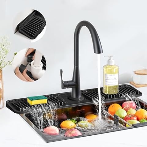 PoYang 24 inch Faucet Mat for Kitchen Sink Splash Guard, 7° Slope Silicone Sink Water Splash Guard for Kitchen Sink Area with Snap Button, Longer Sink Protectors for kitchen Sink Sponge Holder, Black Cover