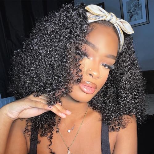 Image of 12 Inch Deep Wave Headband Wig Human Hair 200 Density Curly Headband Wigs for Black Women Wear and Go Glueless None Lace Front Wigs Natural Color, 100% Human Hair, No Shedding