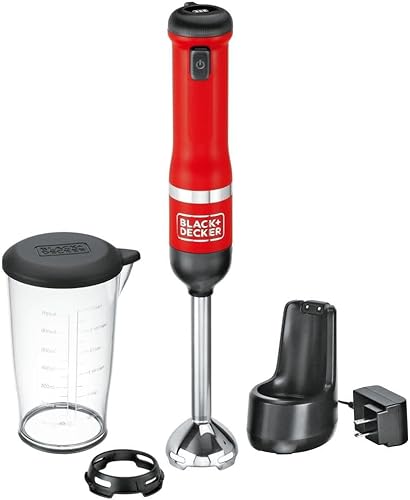 BLACK+DECKER Batidora de inmersión de mano para cocina, con base de carga, taza mezcladora, inalámbrica, roja (BCKM1011K06)