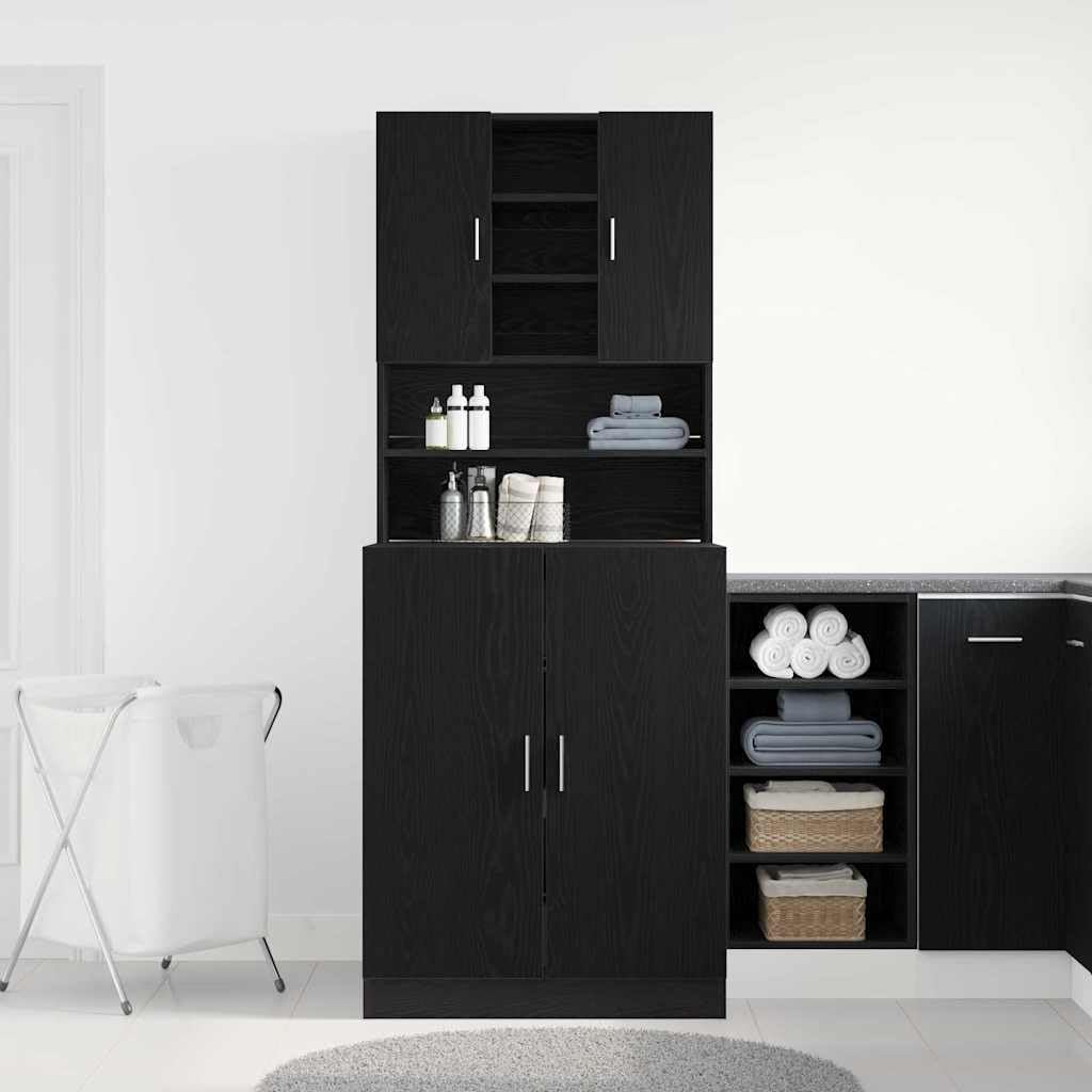 Waschmaschinen-Schrank 2er Set Schwarz Eichen-Optik, Holzwerkstoff 70,5x71,5x181,5 cm, Stauraum für Waschmaschine und Trockner, praktisches Untergestell mit modernem minimalistischen Design