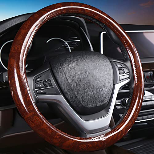 Wood Grain Brown Steering Wheel Cover Leather Elastic Stretch Car SUV Wheel Protector Breathable Anti-Slip Steering Wheels Accessories for Men Women Universal 15 inch