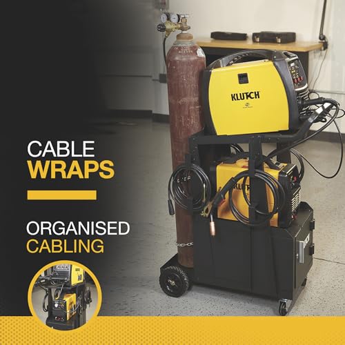 Image of Klutch 2-Tier Welding Cart with Cabinet, 100-Lb., 31.5in.L x 16.1in.W | Gas-cylinder rack, cable wraps, swivel casters, stick /plasma-cutter compatibility, fabrication /repair versatility