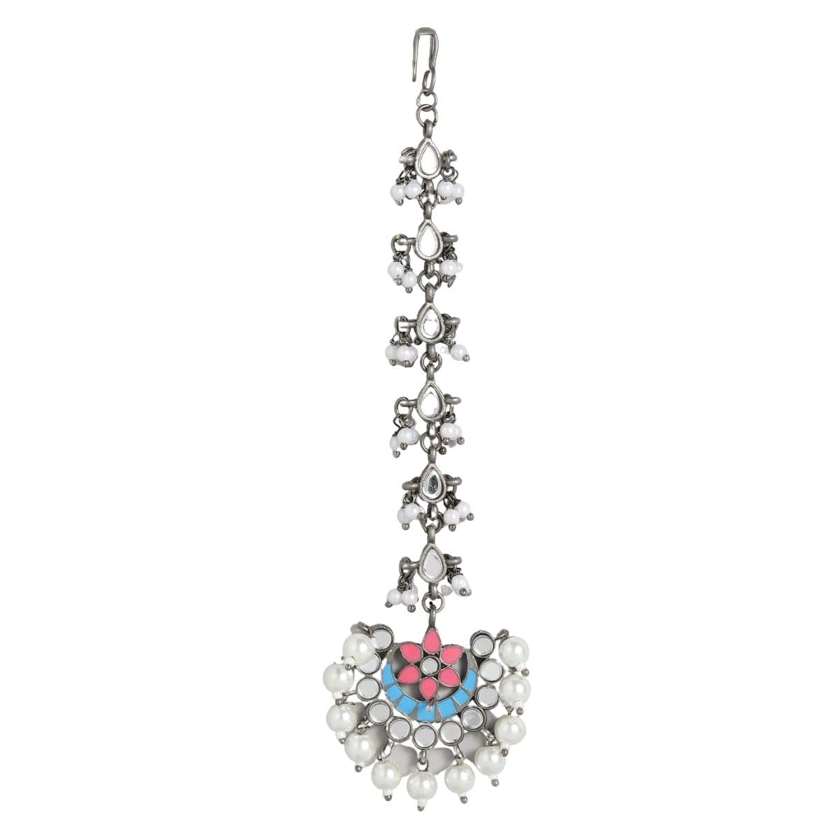 Accessher Silver Plated Traditional Handcut Mirrors and Multicolour Meenkari Embellished Chandbali Style Maang Tikka/Maang Tika with Pearl Drops for Women and Girls (B09NCC8YD1) Amazon Price History, Amazon Price Tracker