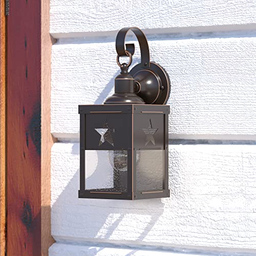 Image of VAXCEL 2-Pack Ranger 13 in. H 1-Light Burnished Bronze Rustic Star Outdoor Wall Sconce Made of Durable Steel, Clear Seeded Glass Shade, LED Compatible, Porch Patio Front Door or Garage