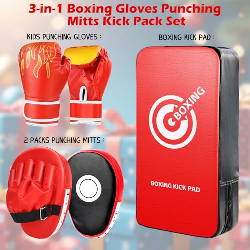 image for YORWHIN 3-in-1 Boxing Gloves Punching Mitts Kick Pack Set for Kids, Cu