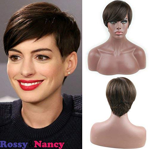 Rossy&Nancy Virgin Brazilian Glueless Silky Straight Human Hair Short Wigs with Side Bang Brown color for Black Women