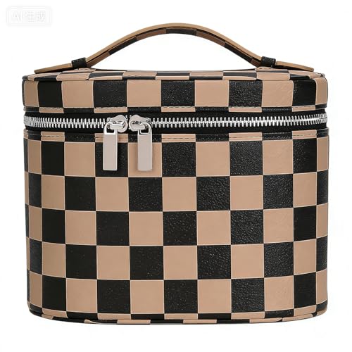 Trousse de maquillage en cuir chic à carreaux marron pour femme