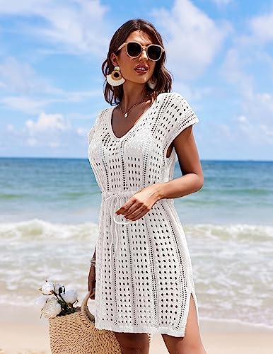 AI'MAGE Women's Crochet Cover Up Hollow Out Swimsuit Coverup V Neck Beachwear with Drawstring S-3XL2