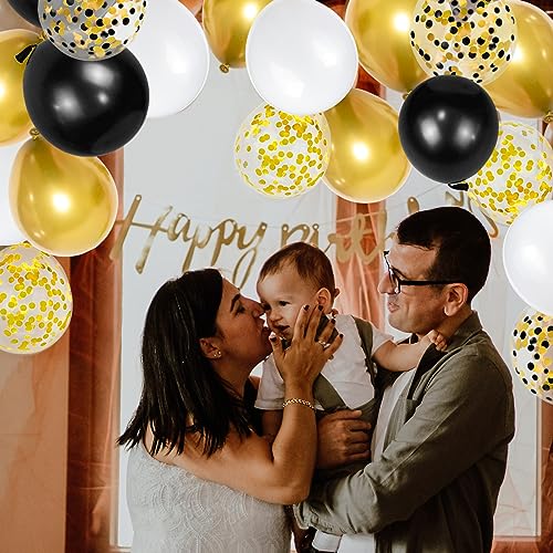 Image of 68Pcs Black White Gold Balloons with 12 Inch Black Gold Confetti Balloons for Graduation Birthday Wedding Party Decorations