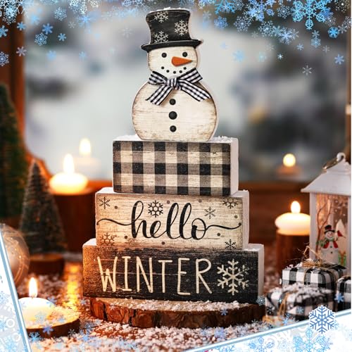 Image of Moucuny 4 Pcs Snowman Christmas Decor Winter Table Decorations Christmas Tiered Tray Decor Winter Centerpiece Decorations Indoor Rustic Wooden Snowman Block Sign Gift Farmhouse for Home Kitchen Shelf