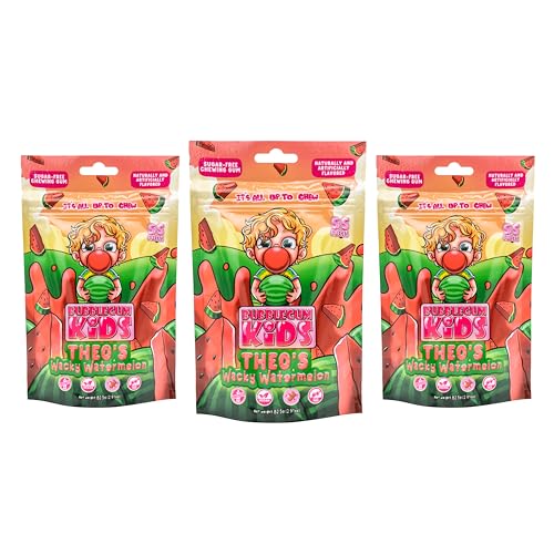 Image of Bubblegum Kids Theo's Wacky Watermelon Sugar Free Gum | Watermelon Flavor, Sugarless Gum with Xylitol | Vegan, Low Calorie Candy for Kids & Adults | Resealable Bag, 55 Pieces Per Pack, 3 Pack