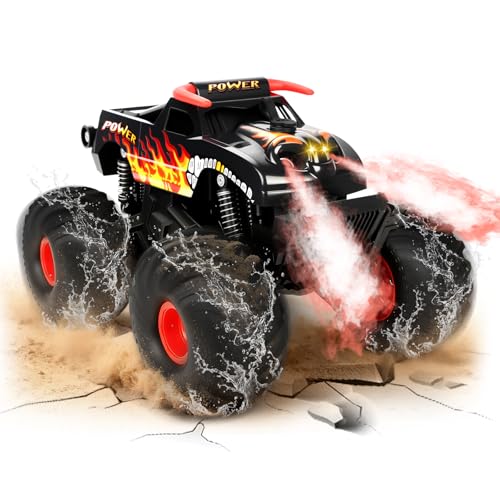 Charmofun Monster Truck Teledirigido, Anfibio Coche Teledirigido con Luces Led e 2 Baterías, 2.4GHz 360° Rotación Impermeable RC Monster truck, Coche RC 1:16 para Niños De 7 A 14 Años (BLACK)